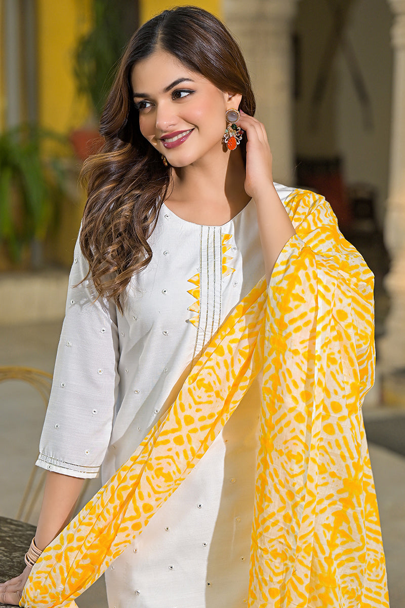 Yellow Rayon Blend Solid Embroidered Straight Suit Set | SHOBITAM