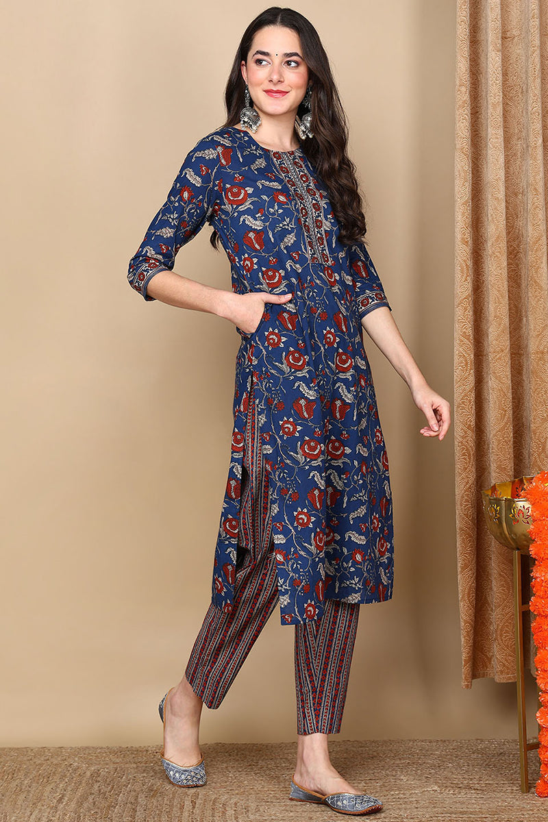 Blue Rayon Blend Floral Printed Straight Trouser Bottom Suit Set | SHOBITAM
