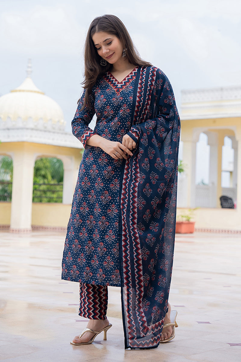 Navy Blue Rayon Blend Floral Printed Straight Trouser Bottom Suit Set | SHOBITAM
