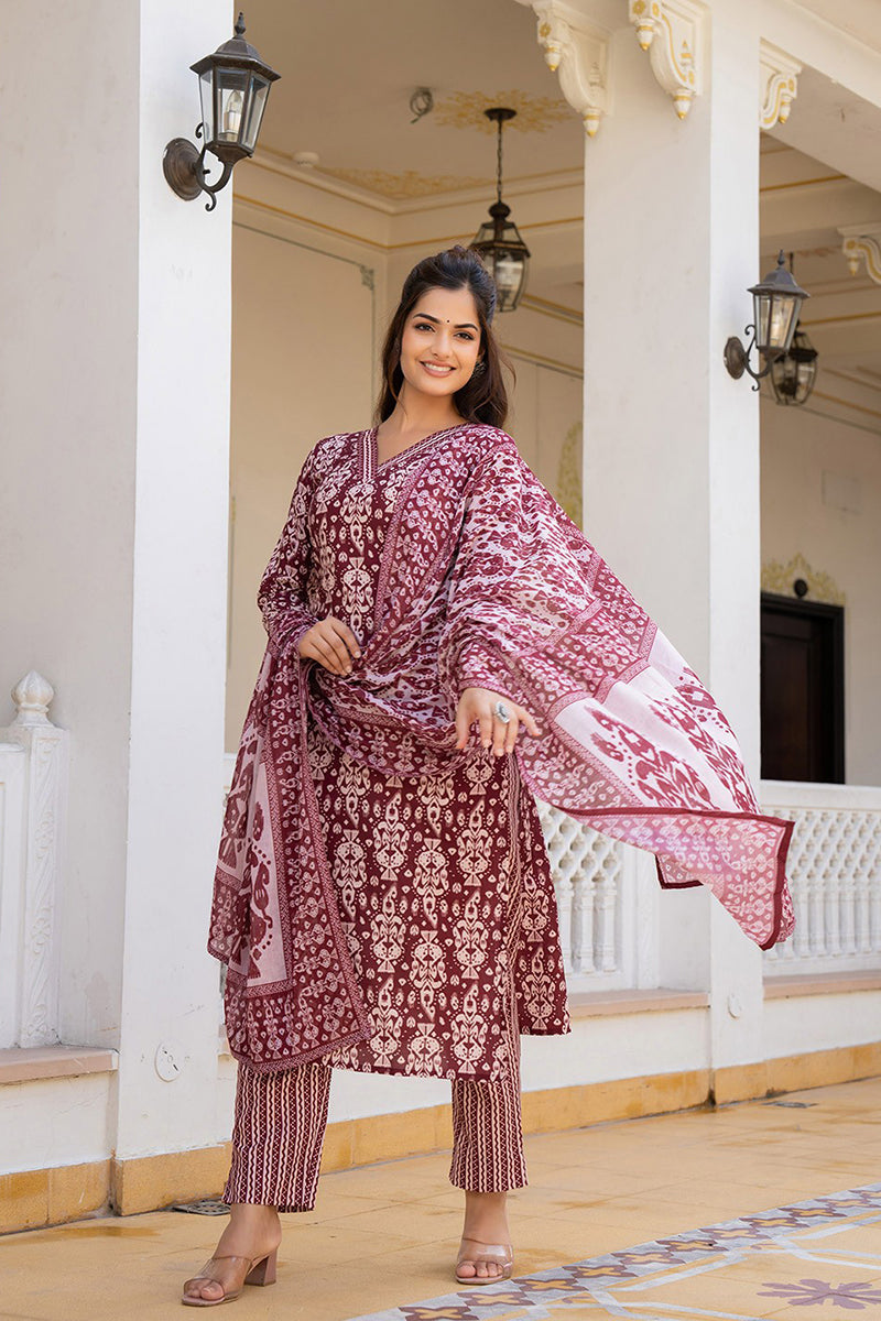 Maroon Rayon Blend Ethnic Motifs Printed Straight Trouser Bottom Suit Set | SHOBITAM