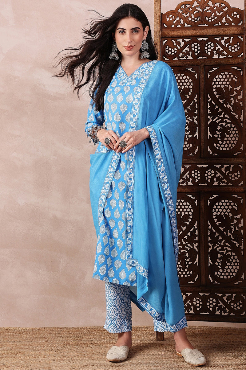 Blue Rayon Blend Floral Printed Straight Trouser Bottom Suit Set | SHOBITAM