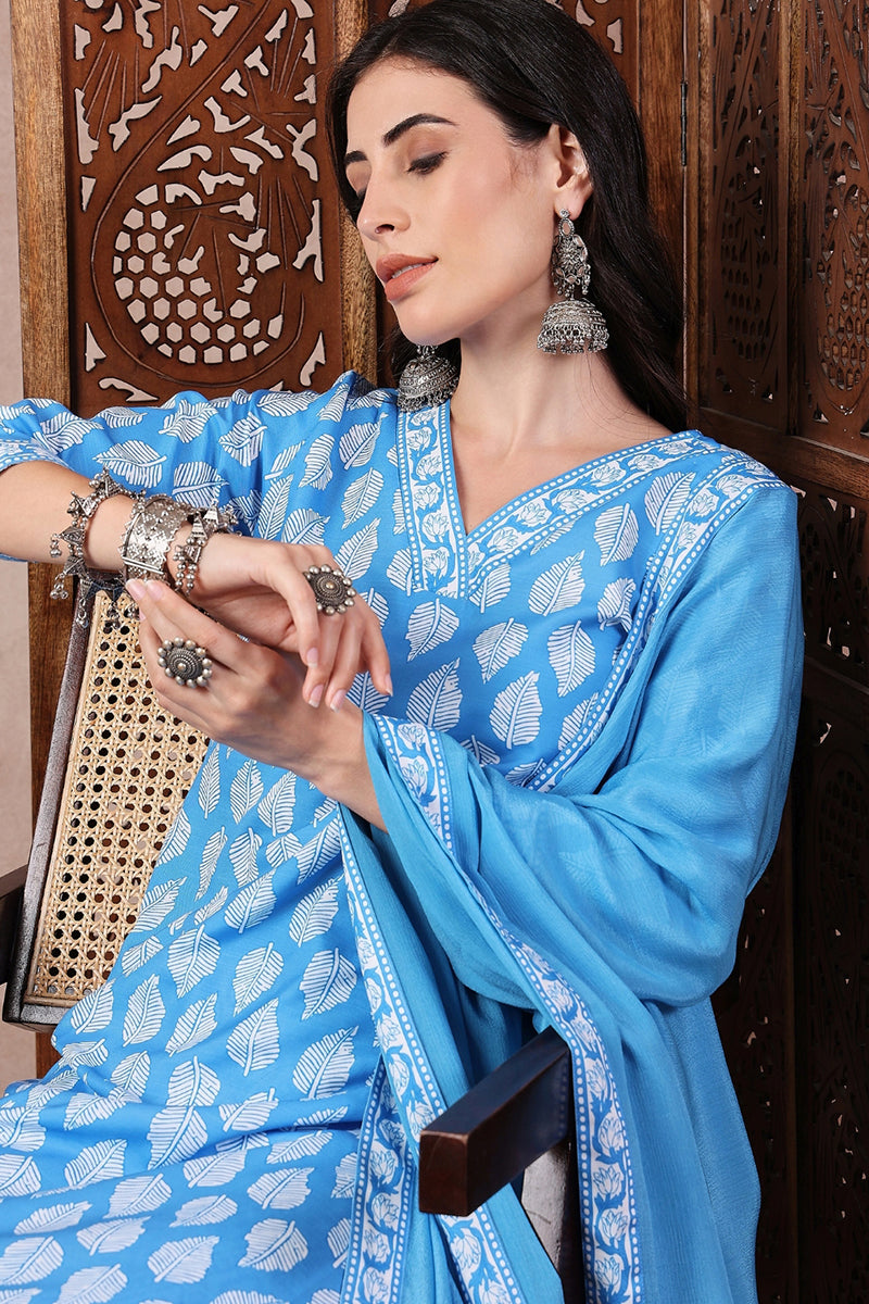 Blue Rayon Blend Floral Printed Straight Trouser Bottom Suit Set | SHOBITAM