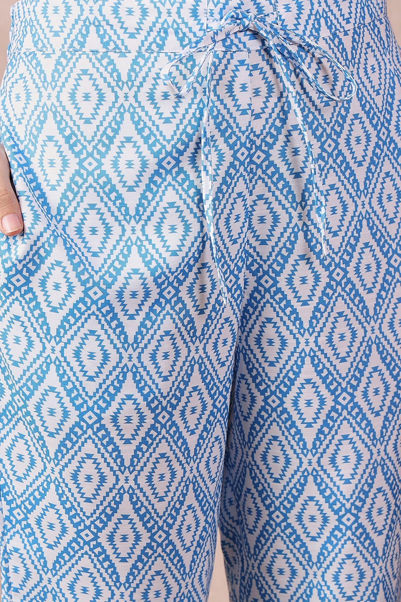 Blue Rayon Blend Floral Printed Straight Trouser Bottom Suit Set | SHOBITAM