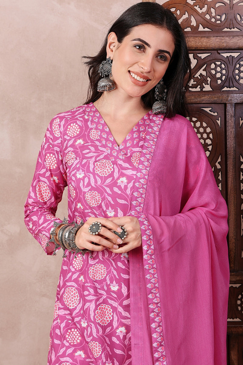 Pink Rayon Blend Floral Printed Straight Salwar Bottom Suit Set | SHOBITAM