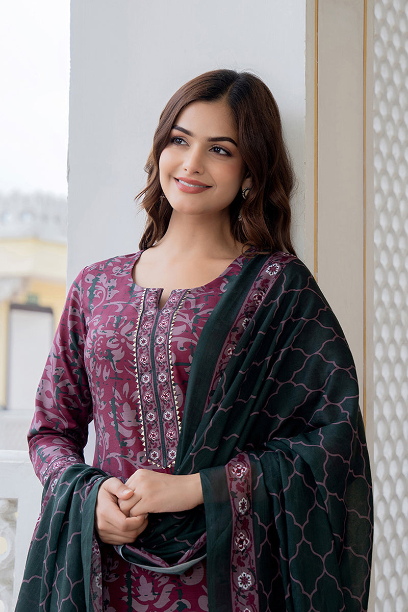 Magenta Rayon Blend Ethnic Motifs Printed Straight Trouser Bottom Suit Set | SHOBITAM