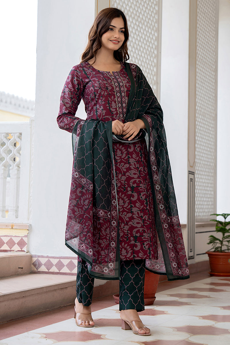 Magenta Rayon Blend Ethnic Motifs Printed Straight Trouser Bottom Suit Set | SHOBITAM