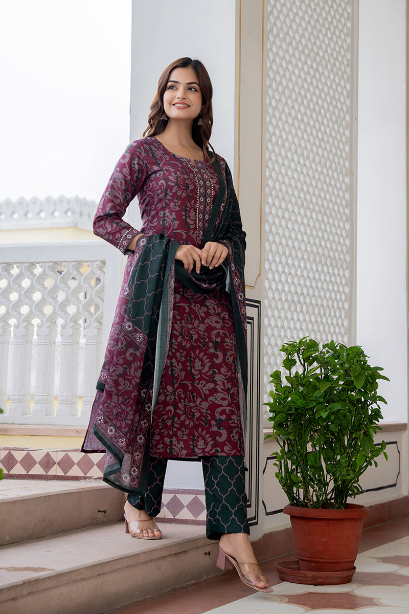 Magenta Rayon Blend Ethnic Motifs Printed Straight Trouser Bottom Suit Set | SHOBITAM