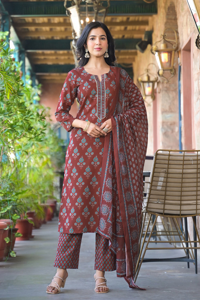 Brown Rayon Blend Floral Printed Straight Trouser Suit Set | SHOBITAM