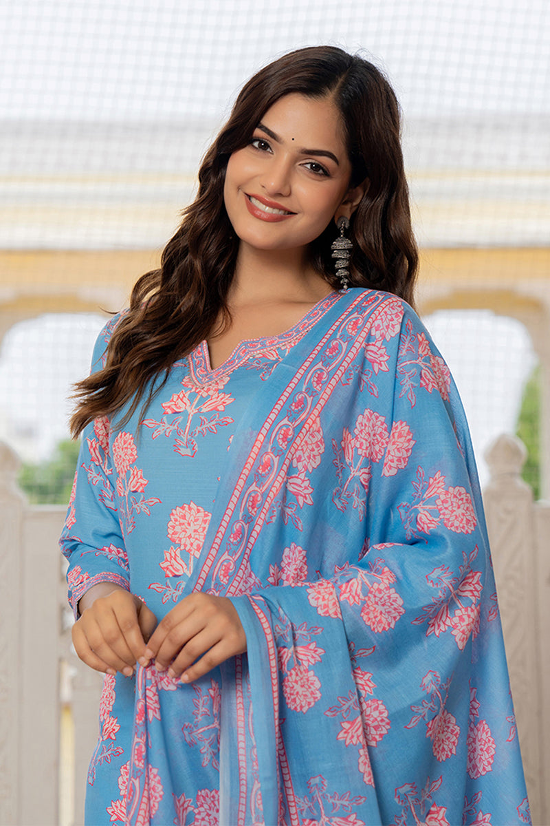 Blue Rayon Blend Floral Printed Straight Trouser Suit Set | SHOBITAM