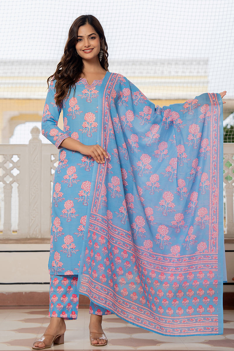 Blue Rayon Blend Floral Printed Straight Trouser Suit Set | SHOBITAM