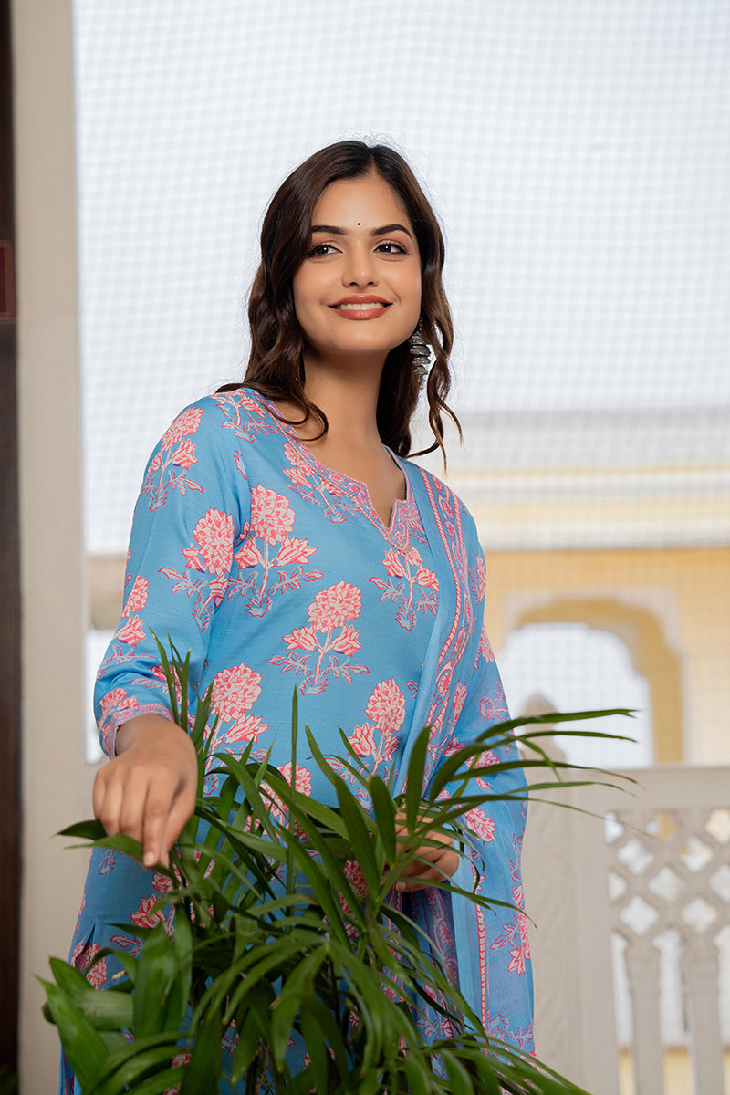 Blue Rayon Blend Floral Printed Straight Trouser Suit Set | SHOBITAM