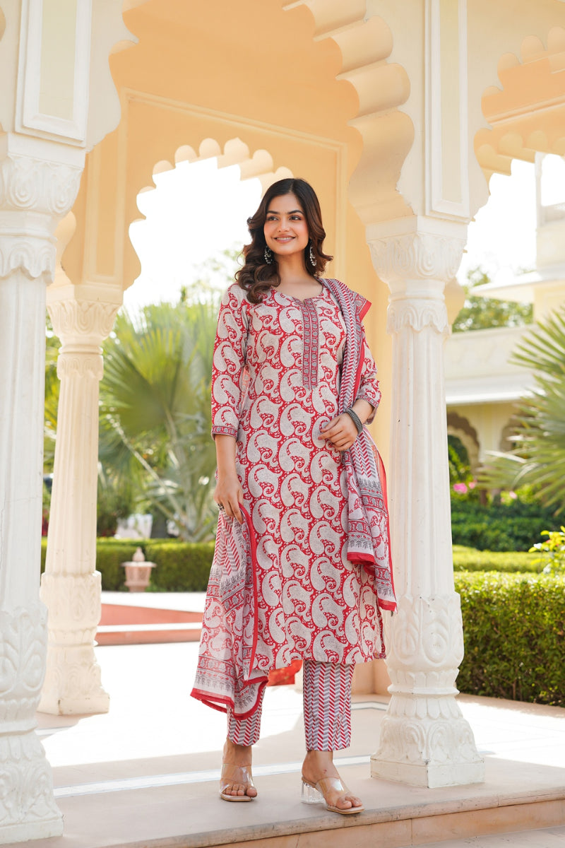 Red Rayon Blend Paisley Printed Straight Suit Set With Trouser Bottom | SHOBITAM