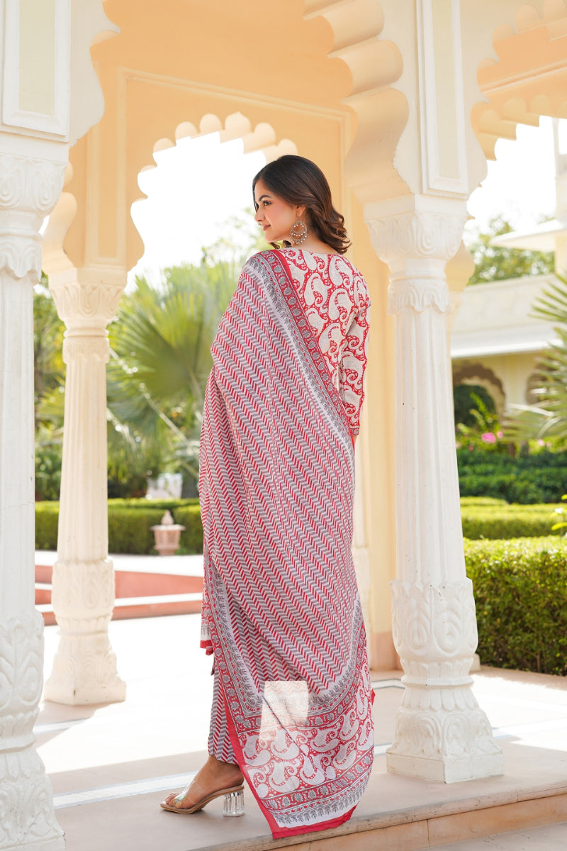 Red Rayon Blend Paisley Printed Straight Suit Set With Trouser Bottom | SHOBITAM