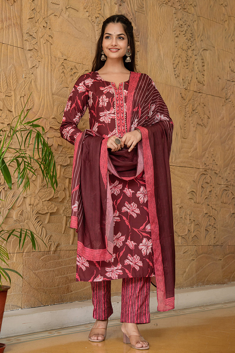 Maroon Rayon Blend Floral Printed Straight Trouser Suit Set | SHOBITAM