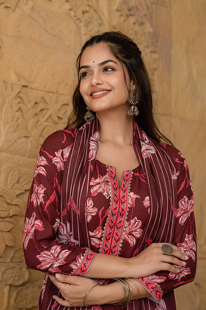 Maroon Rayon Blend Floral Printed Straight Trouser Suit Set | SHOBITAM