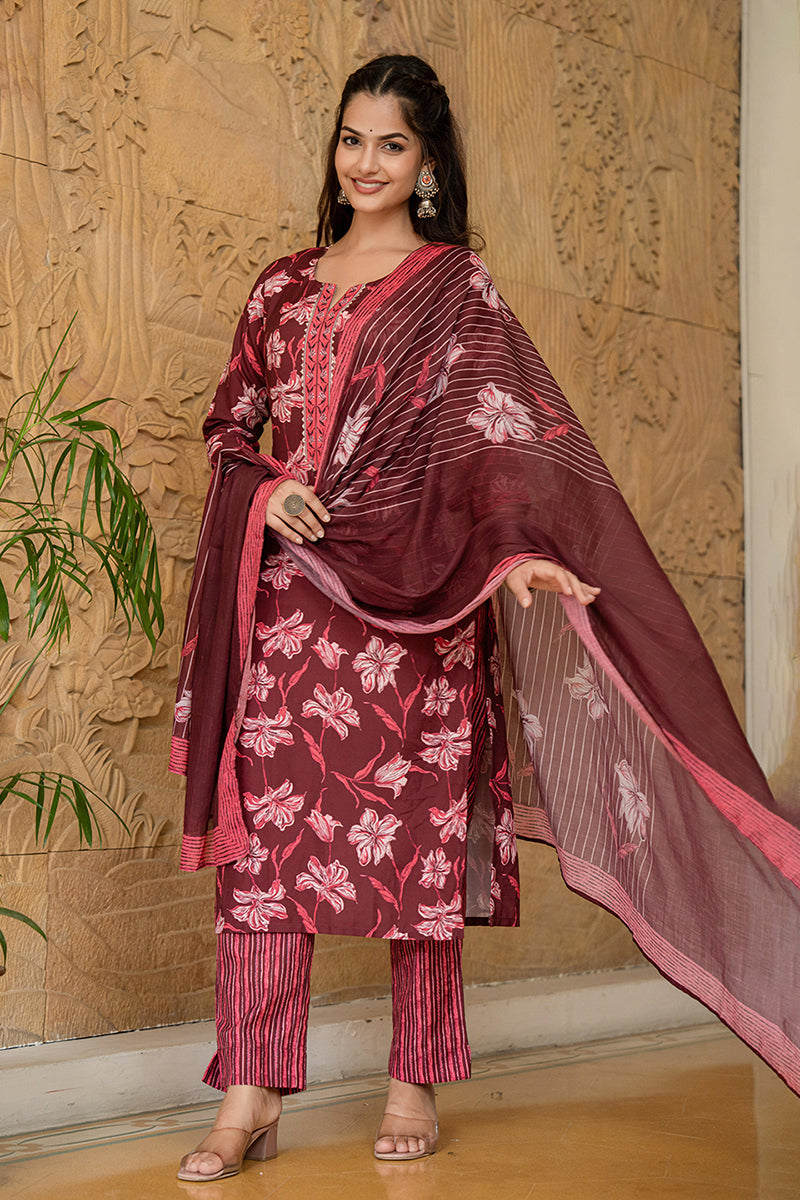 Maroon Rayon Blend Floral Printed Straight Trouser Suit Set | SHOBITAM