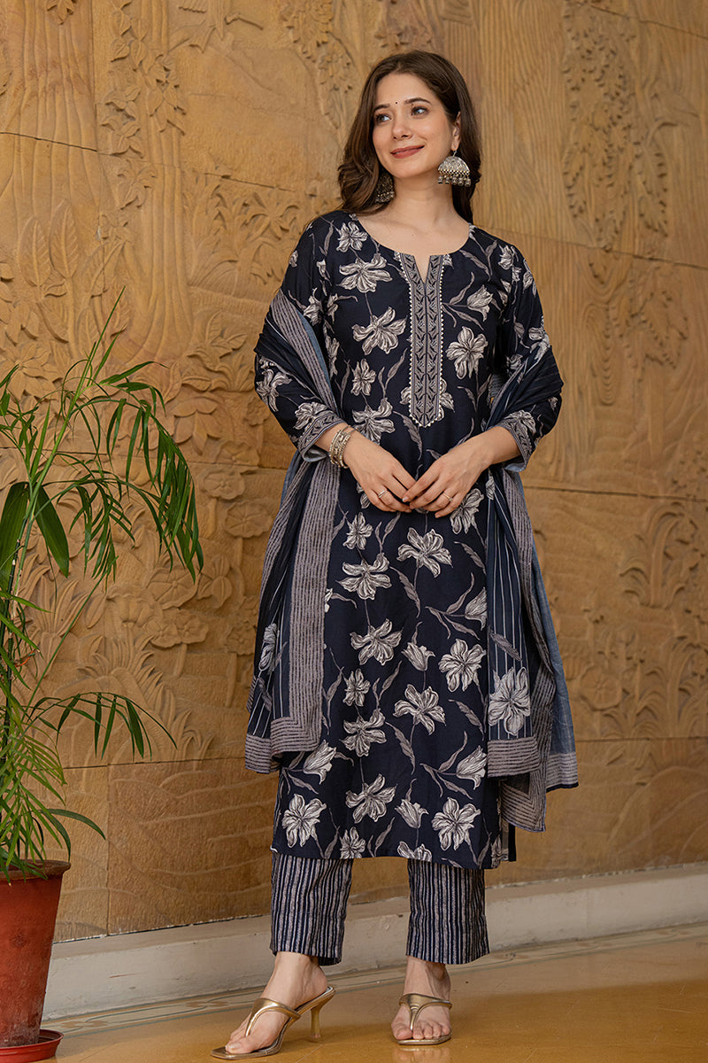 Black Rayon Blend Floral Printed Straight Trouser Suit Set | SHOBITAM