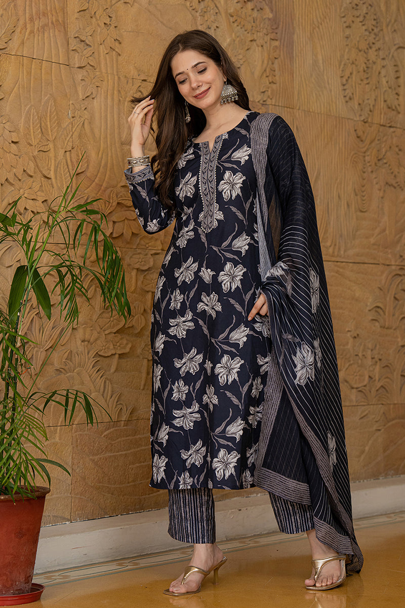 Black Rayon Blend Floral Printed Straight Trouser Suit Set | SHOBITAM