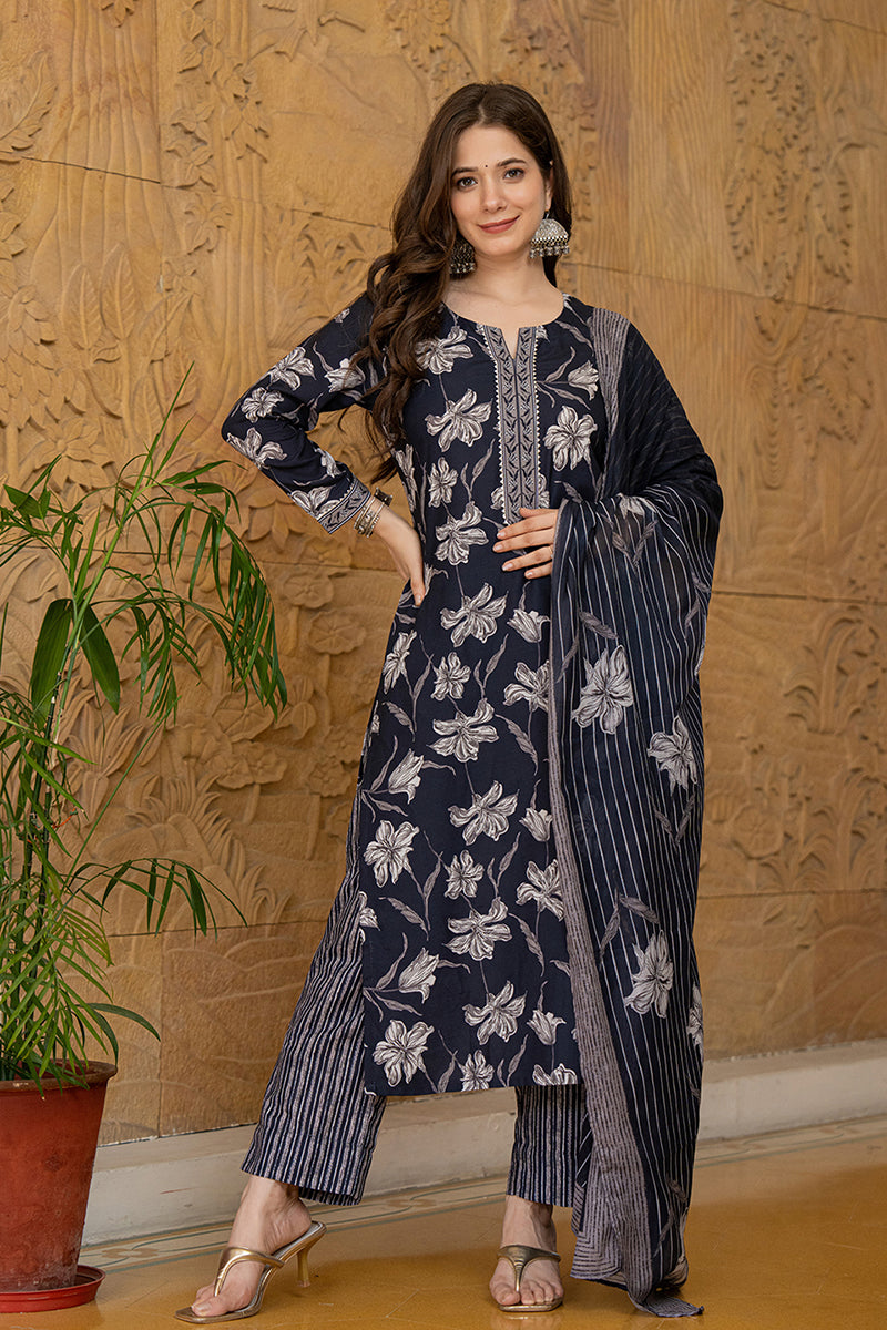 Black Rayon Blend Floral Printed Straight Trouser Suit Set | SHOBITAM