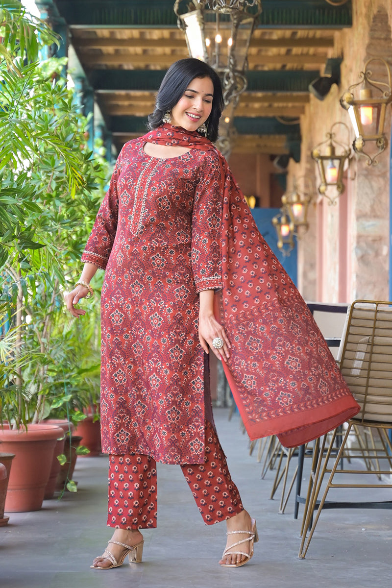 Red Cotton Blend Floral Printed Straight Suit Set With Trouser Style Bottom | SHOBITAM
