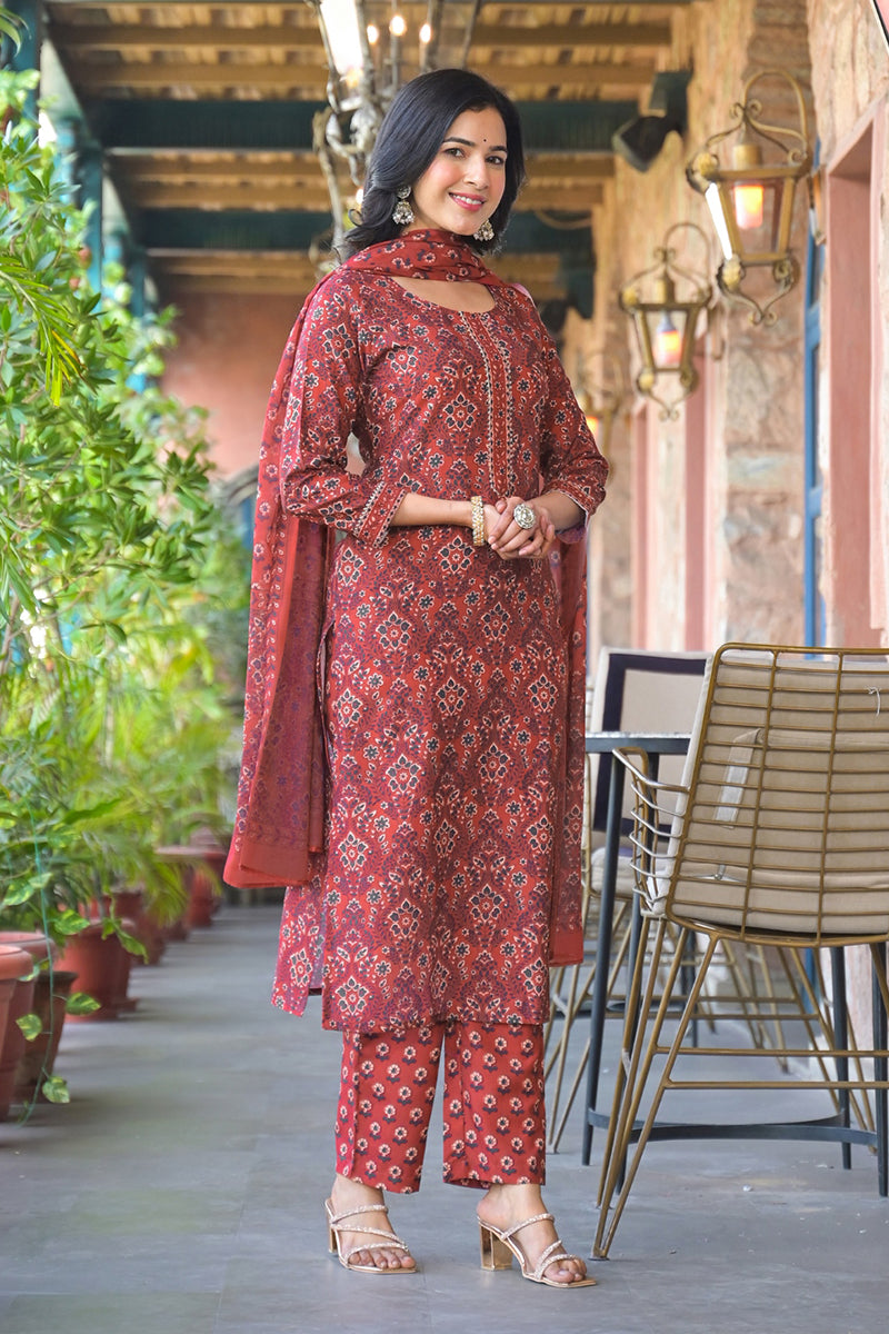 Red Cotton Blend Floral Printed Straight Suit Set With Trouser Style Bottom | SHOBITAM
