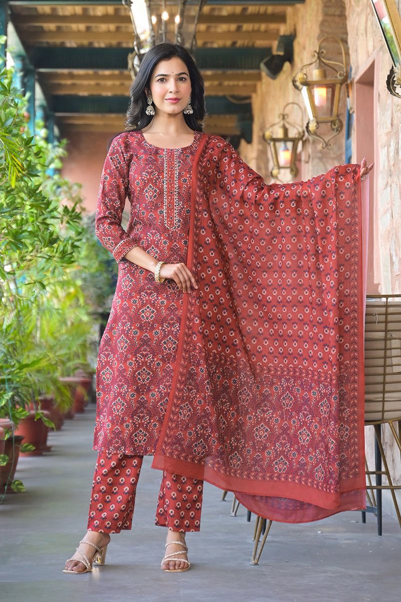 Red Cotton Blend Floral Printed Straight Suit Set With Trouser Style Bottom | SHOBITAM