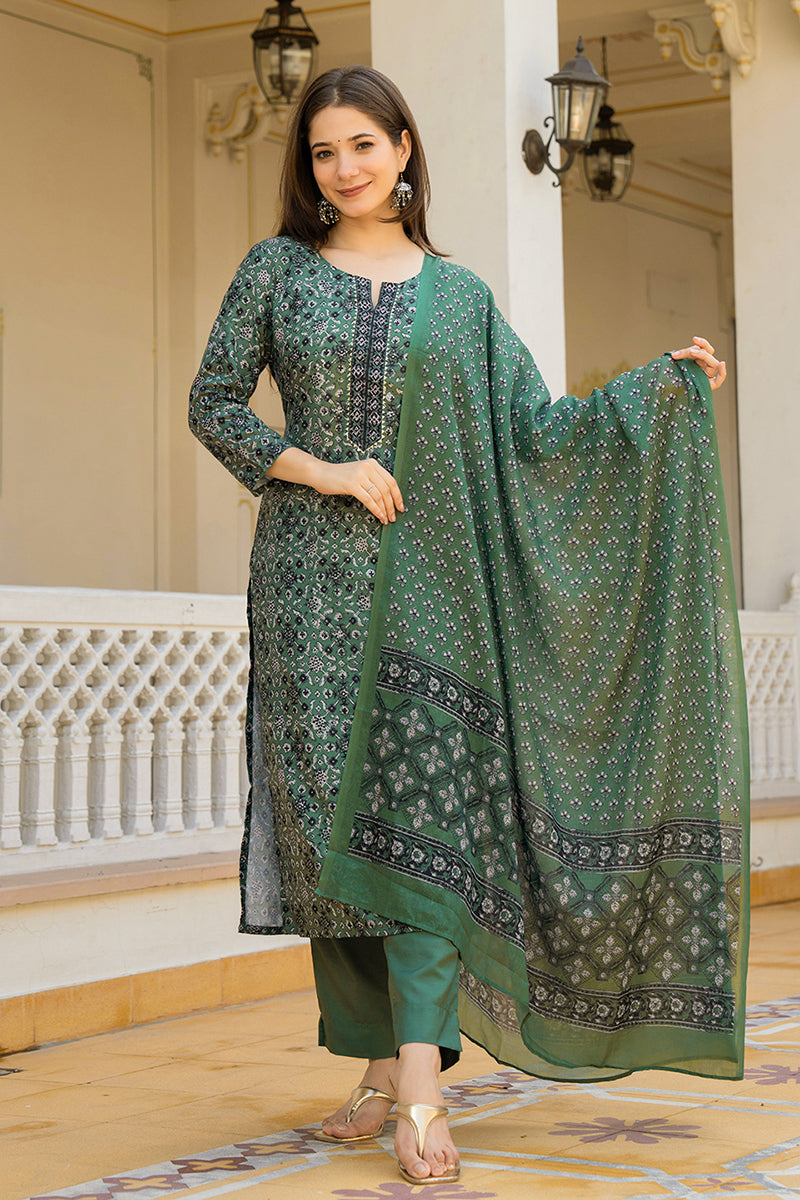 Green Rayon Blend Ethnic Motifs Printed Straight Suit Set With Trouser Bottom | SHOBITAM