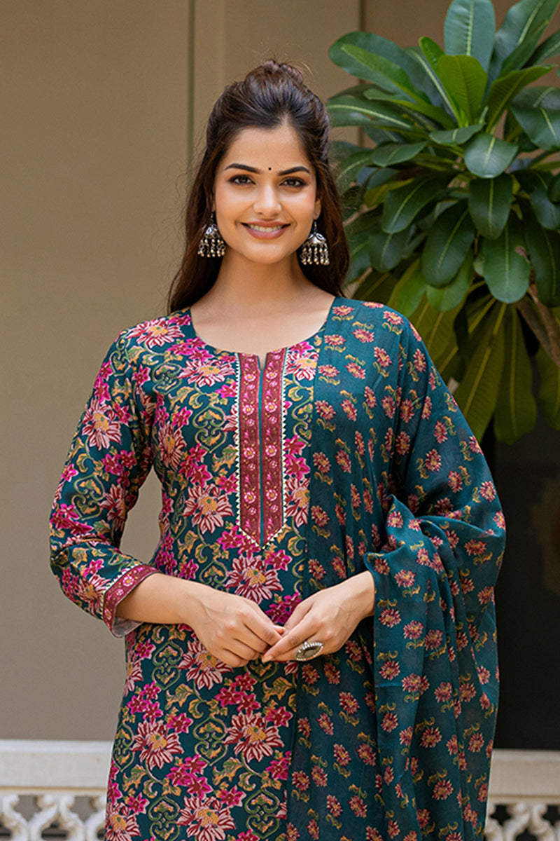 Green Rayon Blend Floral Printed Straight Suit Set With Trouser Bottom | SHOBITAM