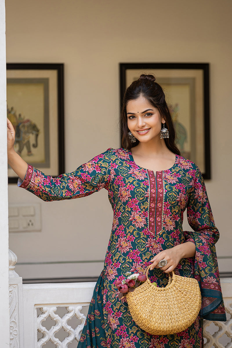 Green Rayon Blend Floral Printed Straight Suit Set With Trouser Bottom | SHOBITAM