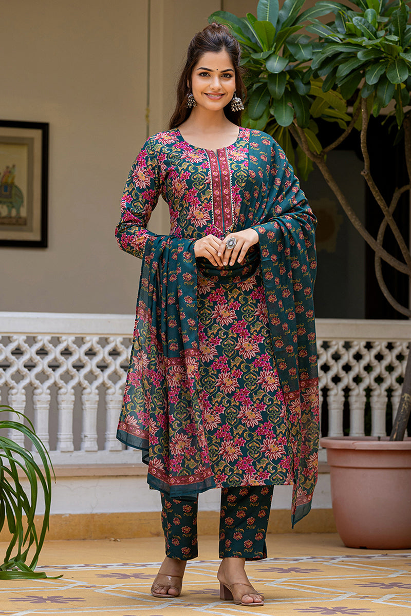 Green Rayon Blend Floral Printed Straight Suit Set With Trouser Bottom | SHOBITAM
