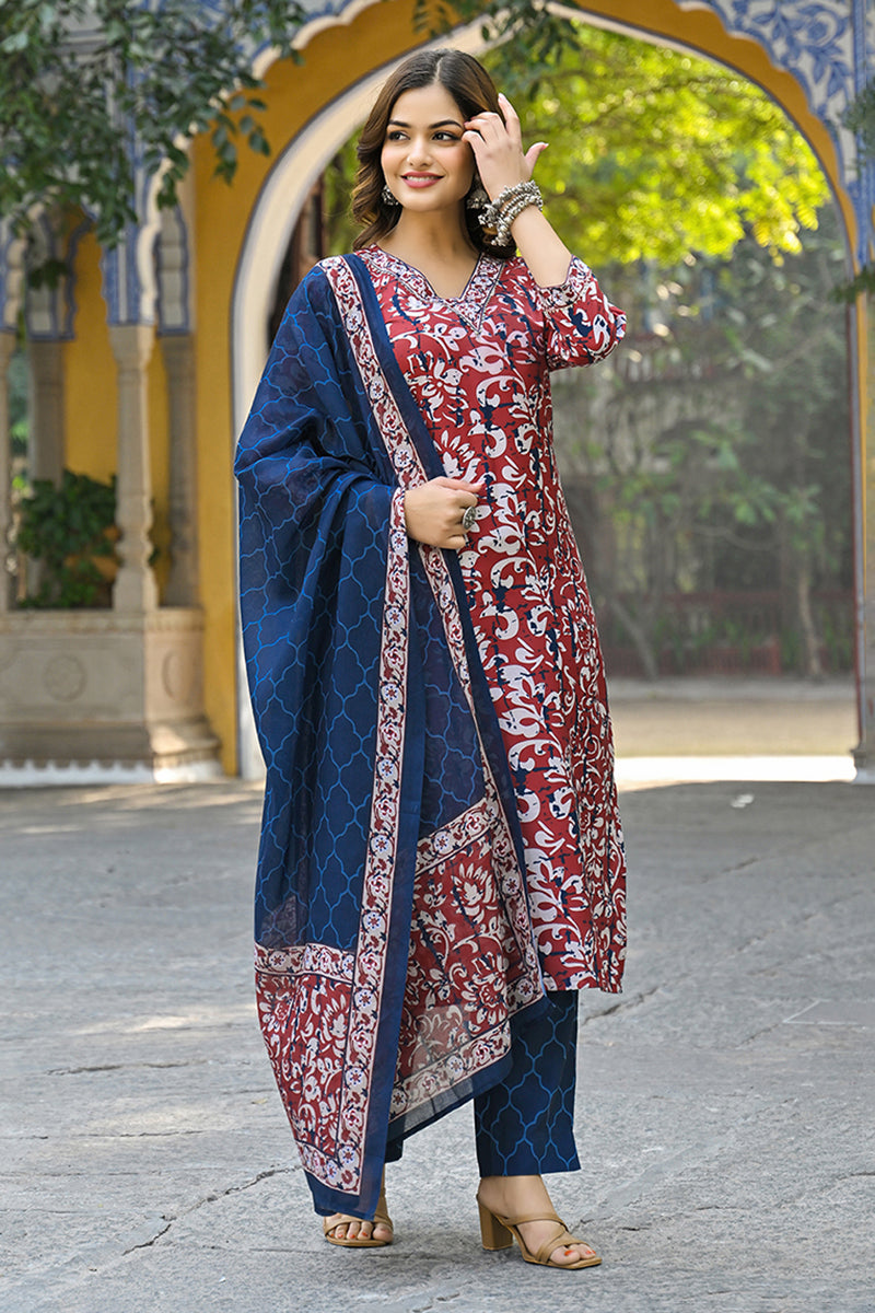 Maroon Rayon Blend Ethnic Motifs Printed Straight Suit Set | SHOBITAM
