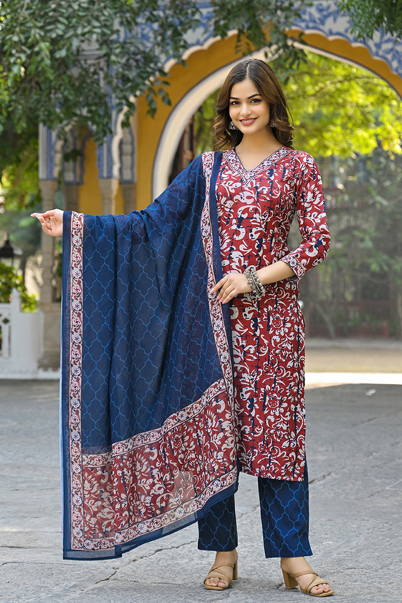 Maroon Rayon Blend Ethnic Motifs Printed Straight Suit Set | SHOBITAM