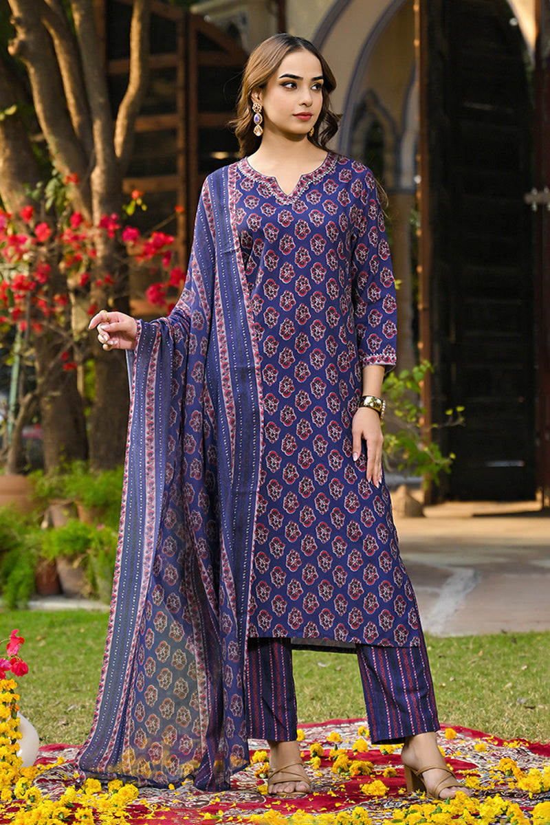 Navy Blue Rayon Blend Floral Printed Straight Trouser Suit Set | SHOBITAM