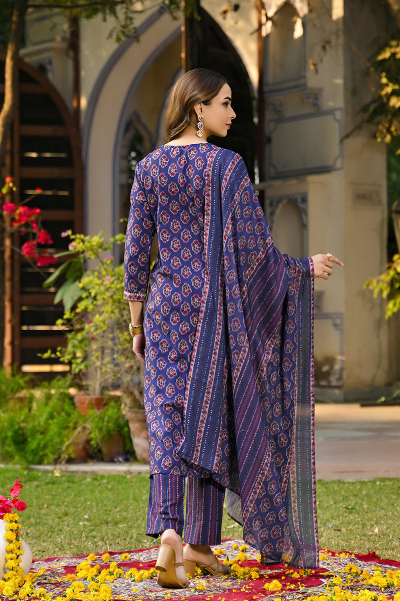 Navy Blue Rayon Blend Floral Printed Straight Trouser Suit Set | SHOBITAM