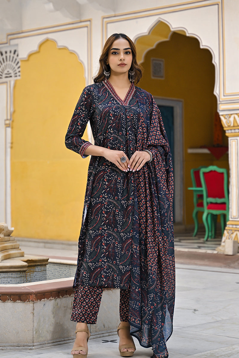Navy Blue Rayon Blend Floral Printed Straight Suit Set | SHOBITAM