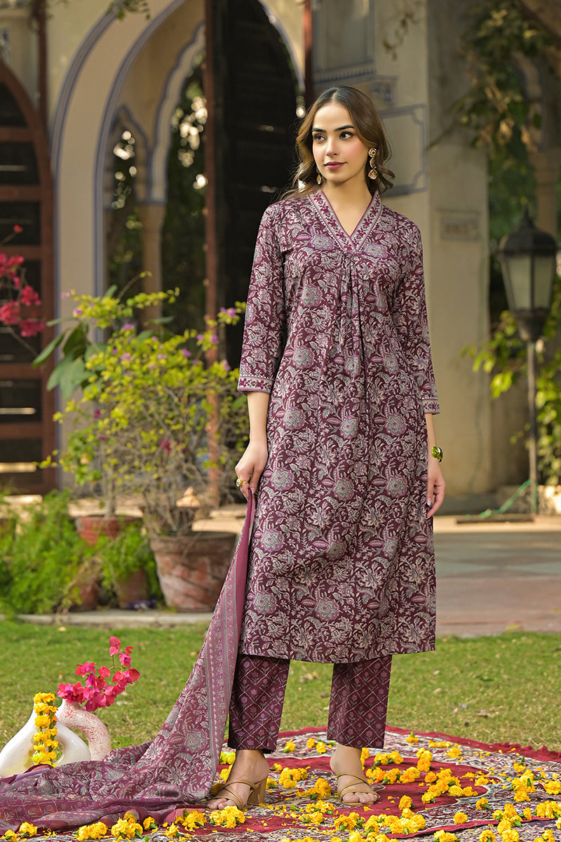 Burgundy Rayon Blend Floral Printed Straight Suit Set | SHOBITAM