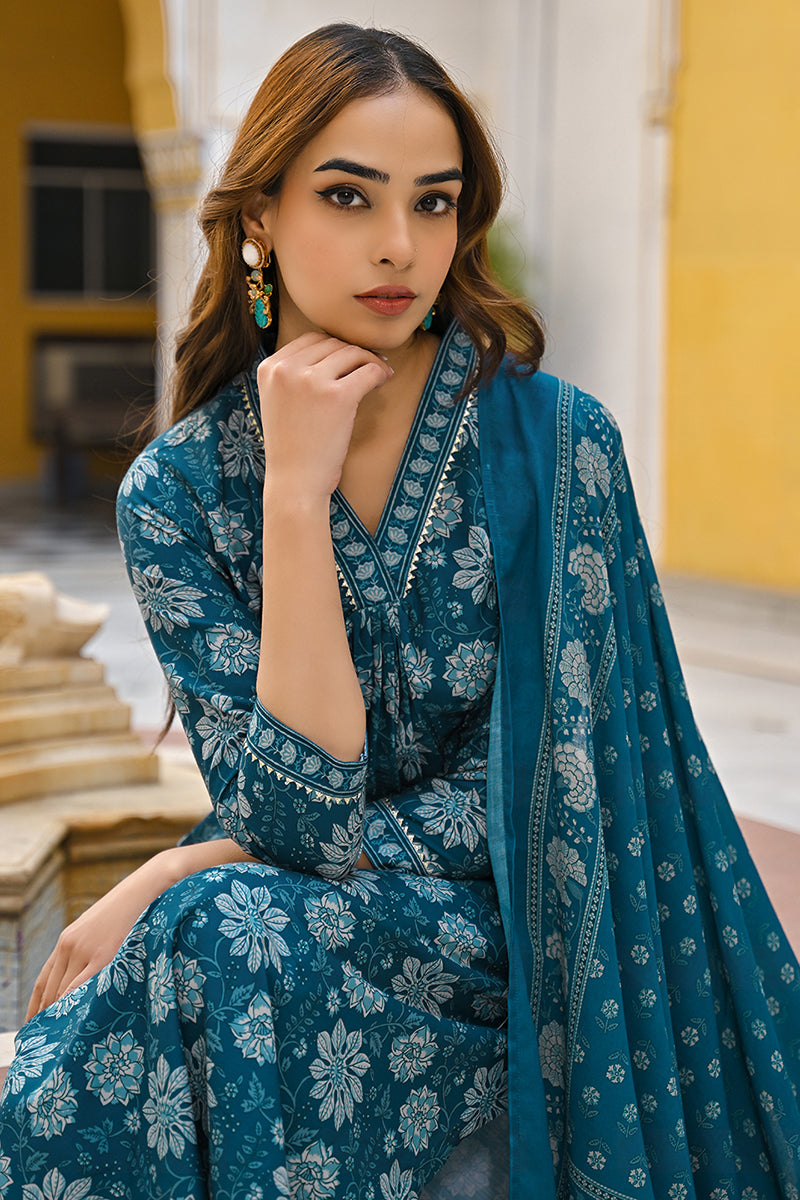 Blue Rayon Blend Floral Printed Straight Suit Set | SHOBITAM