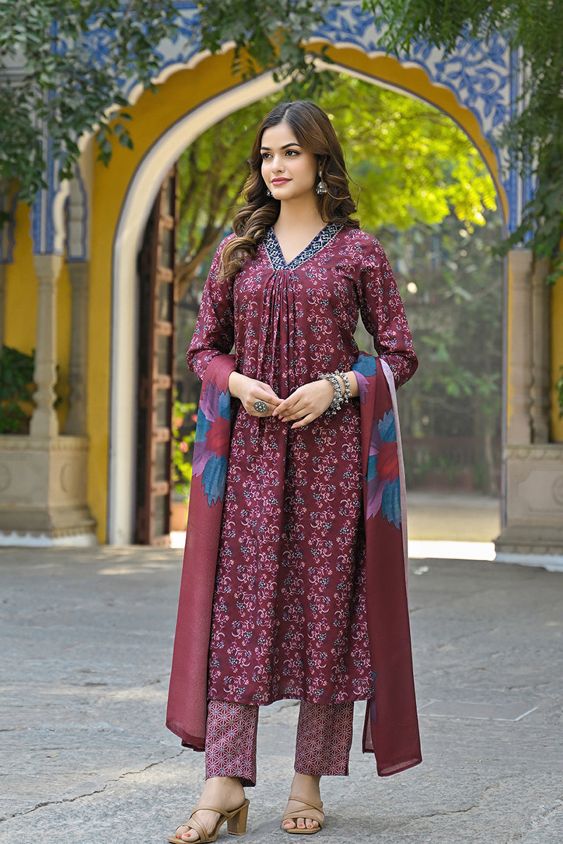 Maroon Rayon Blend Floral Printed Straight Suit Set | SHOBITAM