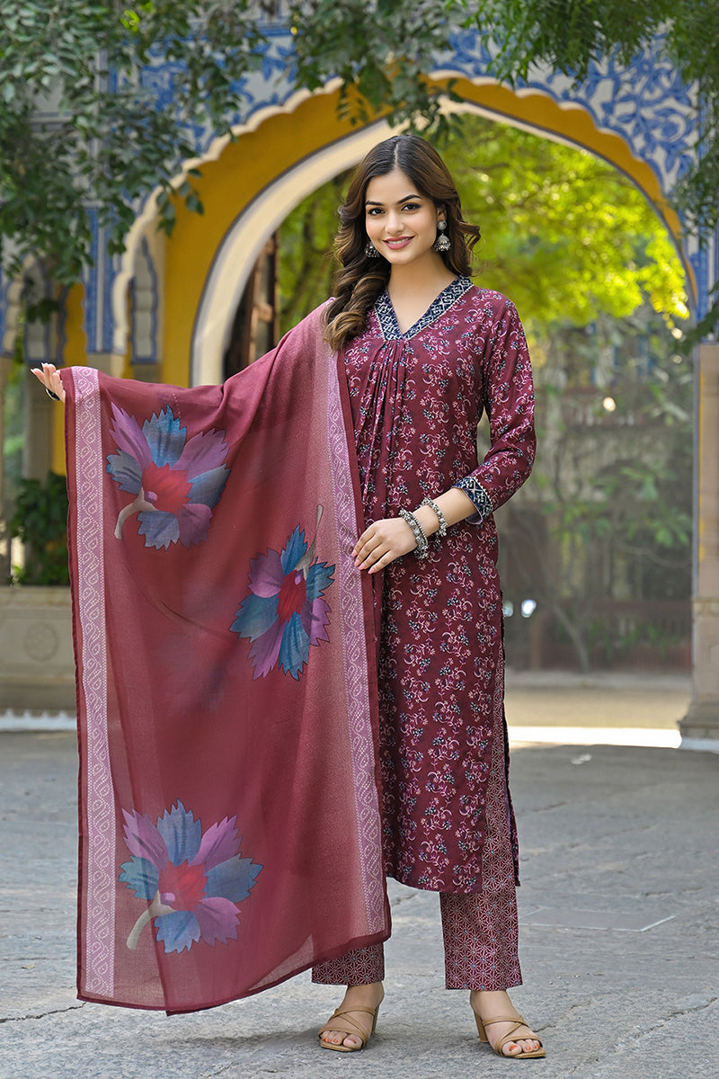 Maroon Rayon Blend Floral Printed Straight Suit Set | SHOBITAM