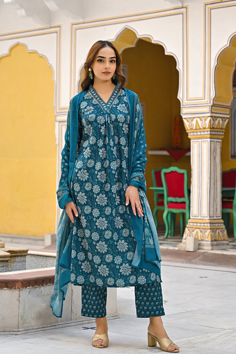 Blue Rayon Blend Floral Printed Straight Suit Set | SHOBITAM
