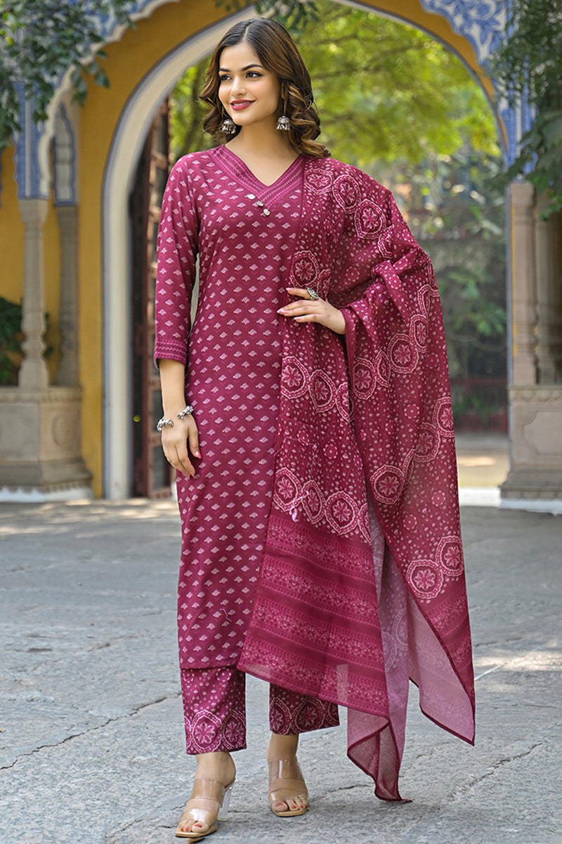 Maroon Cotton Blend Floral Printed Straight Suit Set | SHOBITAM
