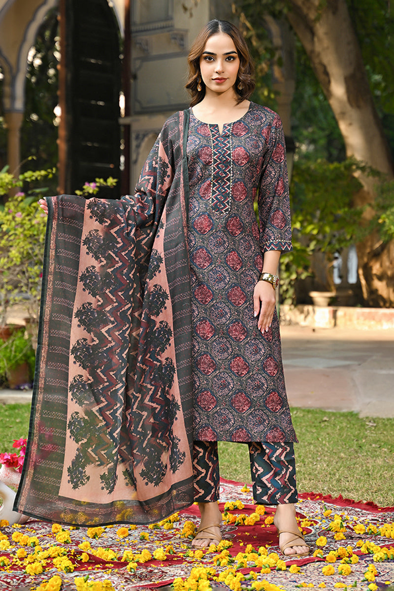 Multi Color Cotton Blend Floral Printed Straight Suit Set | SHOBITAM