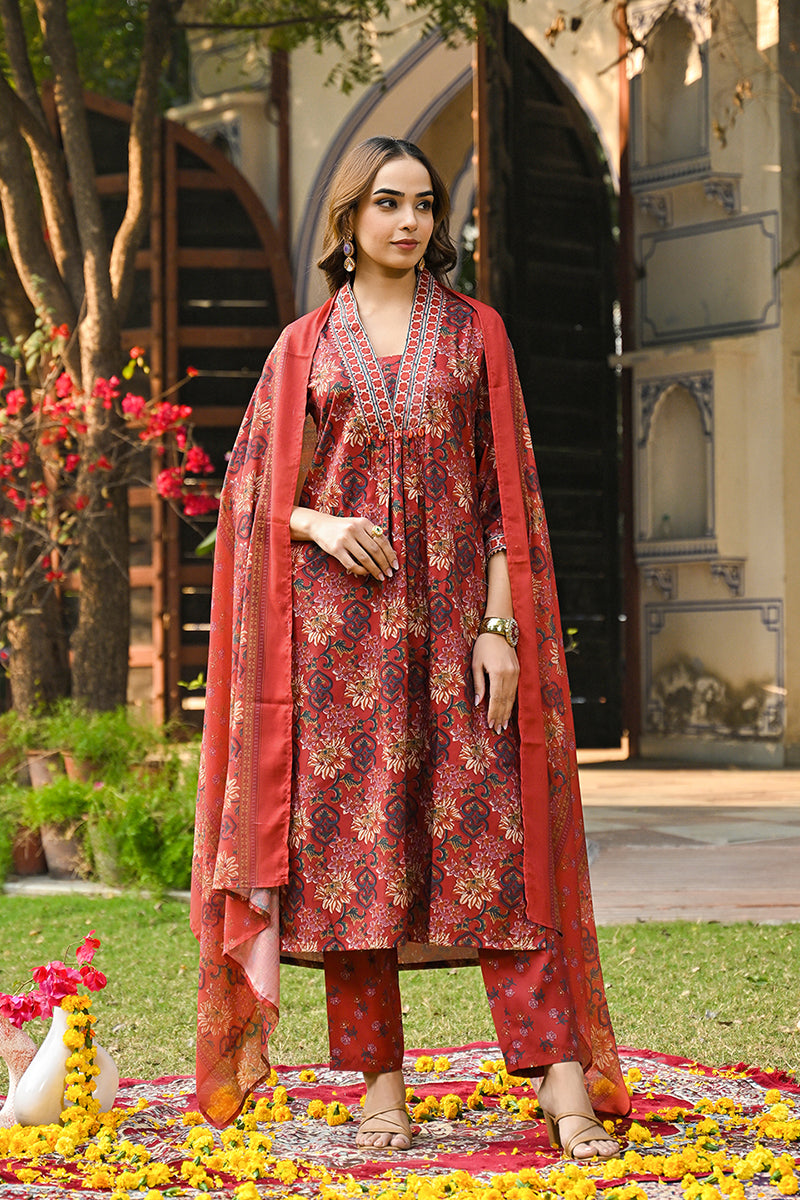 Red Rayon Blend Floral Printed Straight Suit Set | SHOBITAM
