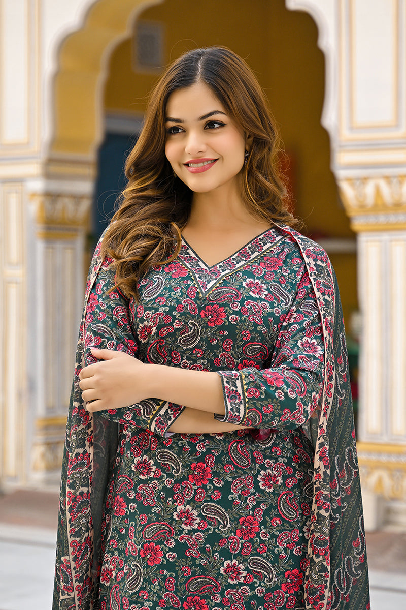 Green Rayon Blend Floral Printed Straight Kurta Trousers With Dupatta | SHOBITAM