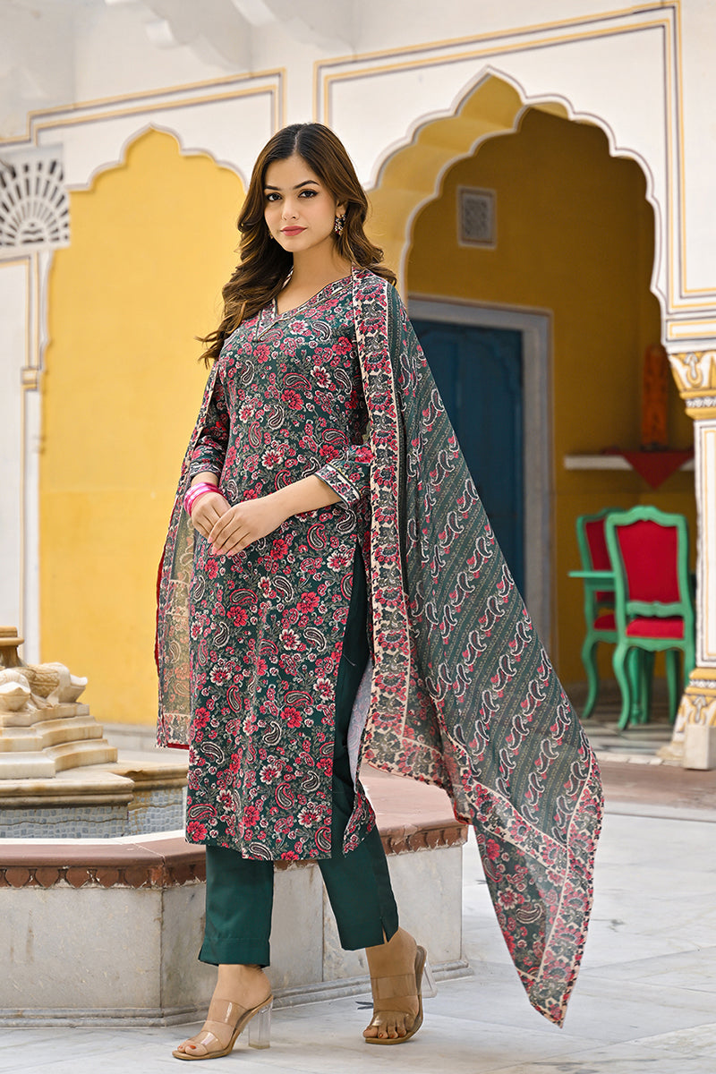 Green Rayon Blend Floral Printed Straight Kurta Trousers With Dupatta | SHOBITAM