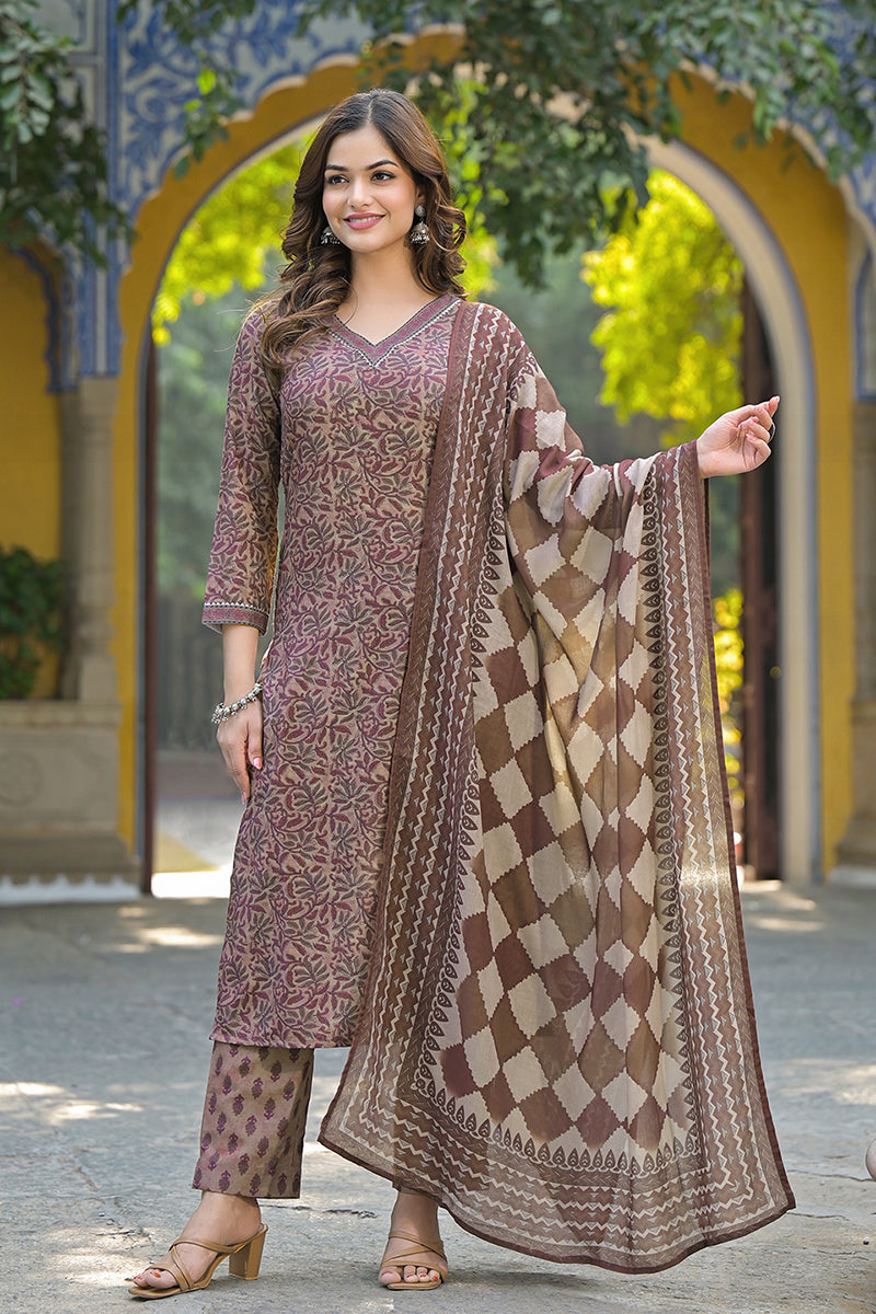 Brown Cotton Blend Floral Printed Straight Trouser Suit Set | SHOBITAM