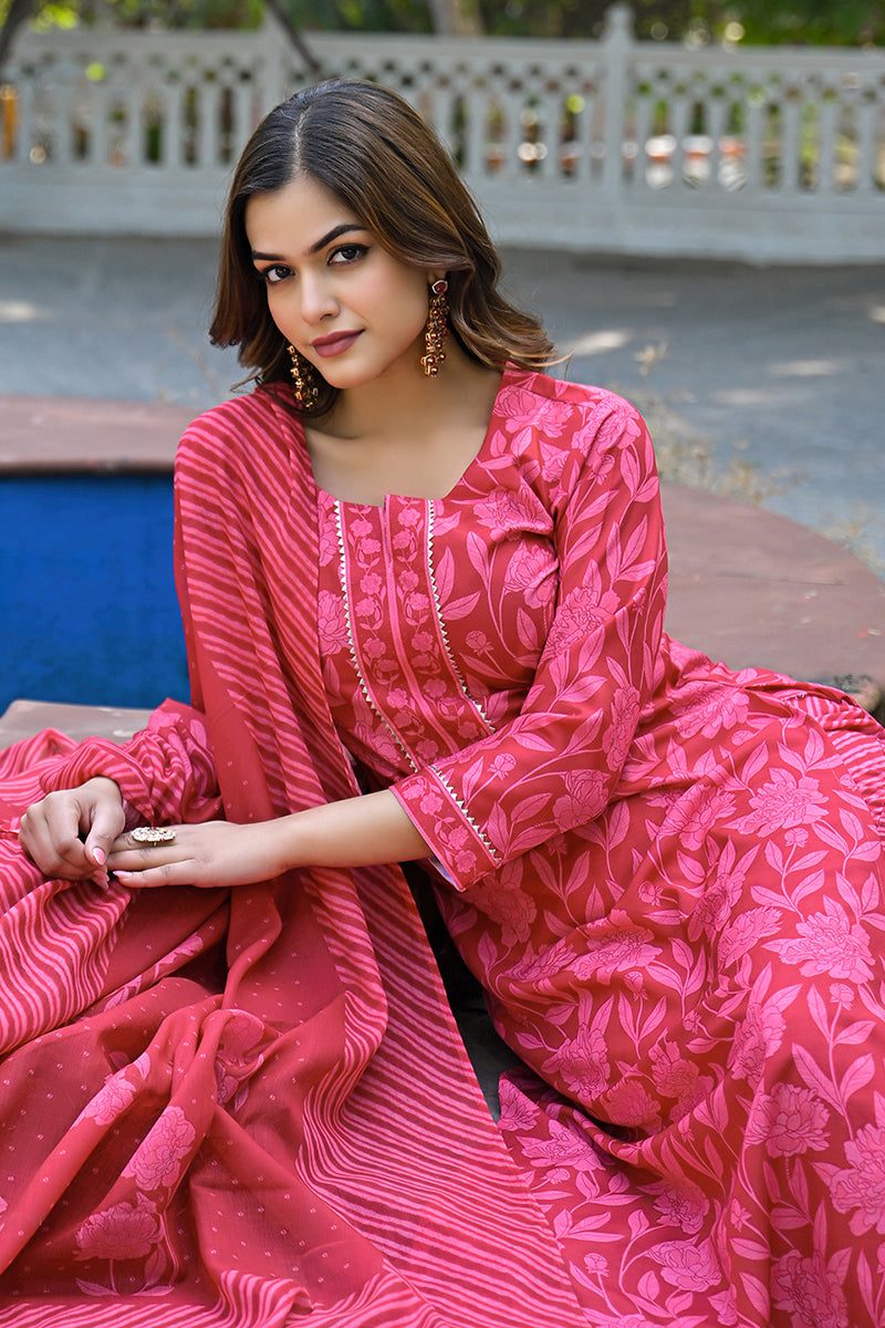 Red Cotton Blend Floral Printed Straight Suit Set | SHOBITAM