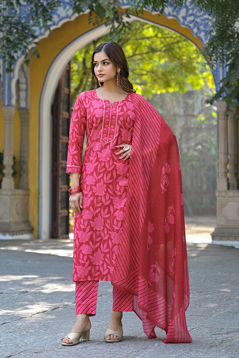 Red Cotton Blend Floral Printed Straight Suit Set | SHOBITAM