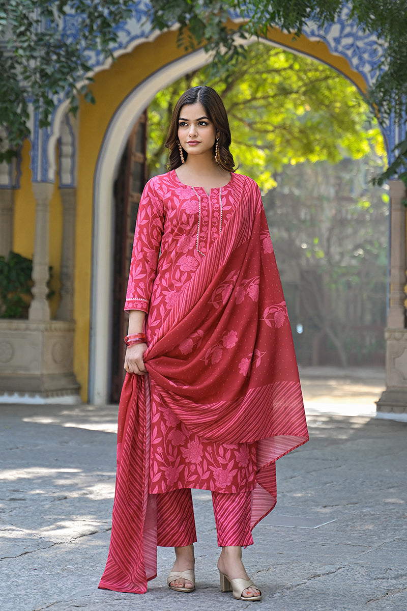 Red Cotton Blend Floral Printed Straight Suit Set | SHOBITAM
