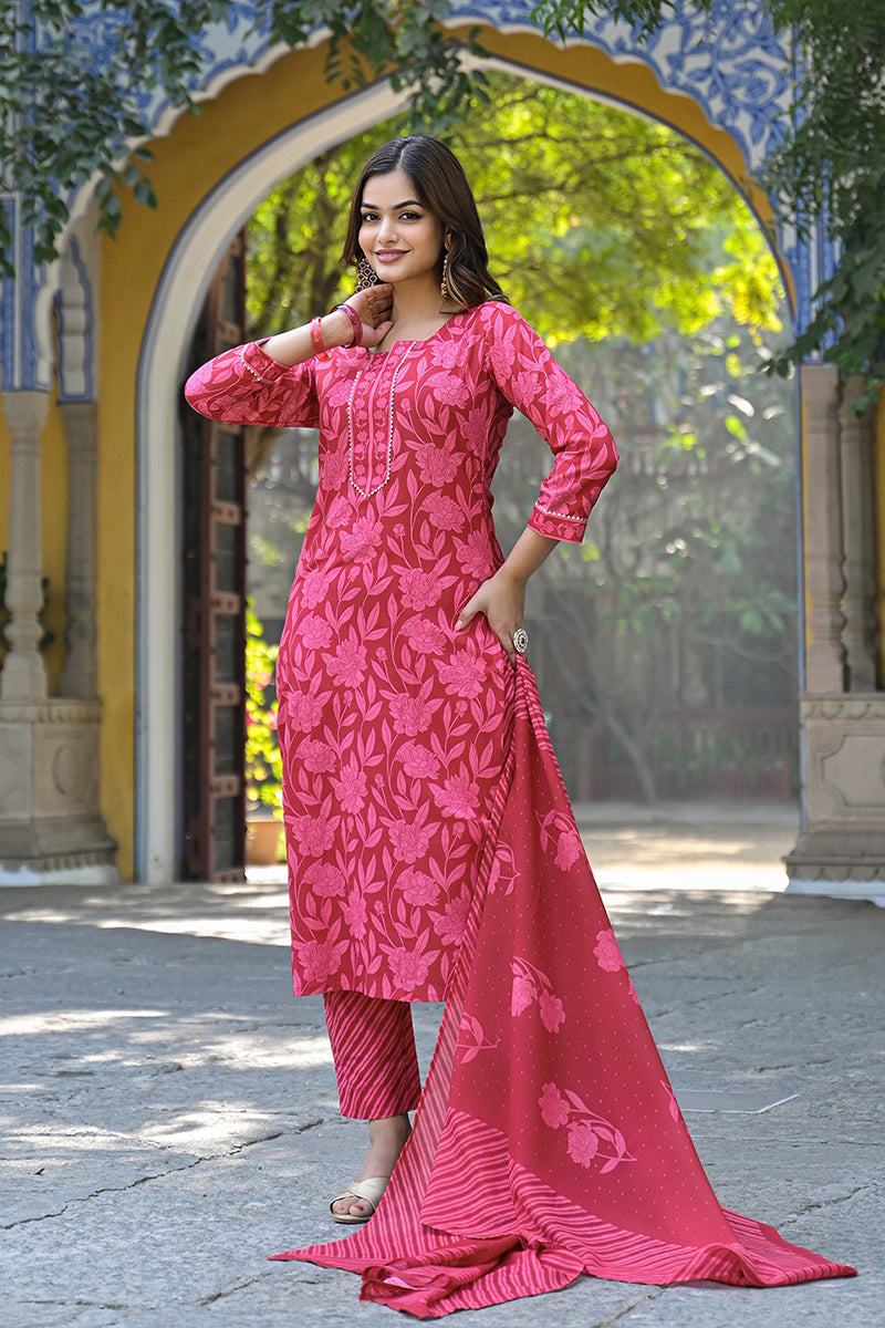 Red Cotton Blend Floral Printed Straight Suit Set | SHOBITAM